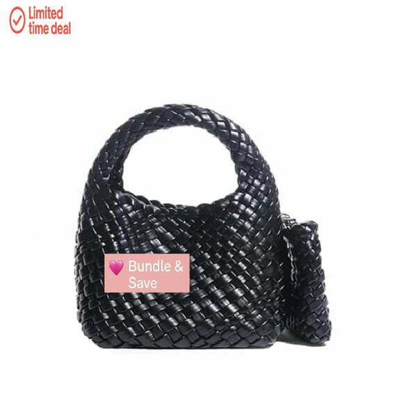 Mini Woven Vegan Leather Tote Bag, Crossbody Shoulder Purse with Zipper Pocket - Picture 2 of 8